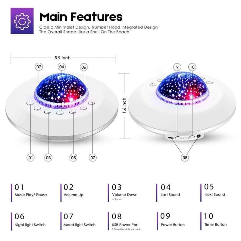 White sleep aid baby night light with 20 soothing sounds, earphone support, timer, ambient mood light, and flexible power options