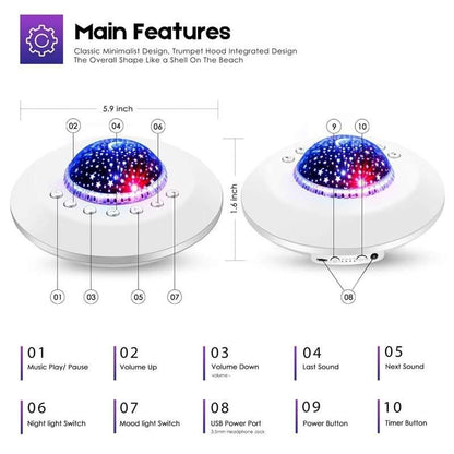 White sleep aid baby night light with 20 soothing sounds, earphone support, timer, ambient mood light, and flexible power options