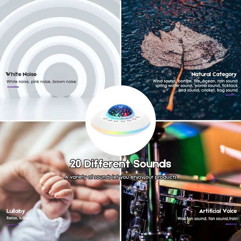 White sleep aid baby night light with 20 soothing sounds, earphone support, timer, and ambient light