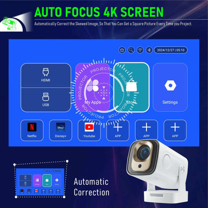 1080p HD projector with automatic focus, 4K screen, multiple app support, and remote control