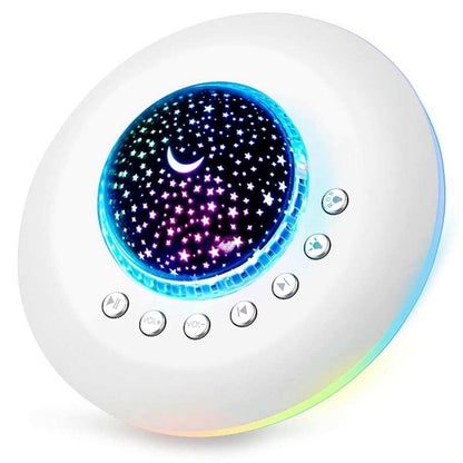White sleep aid baby night light with 20 soothing sounds, earphone support, timer, soft night light, ambient atmosphere, and flexible power options