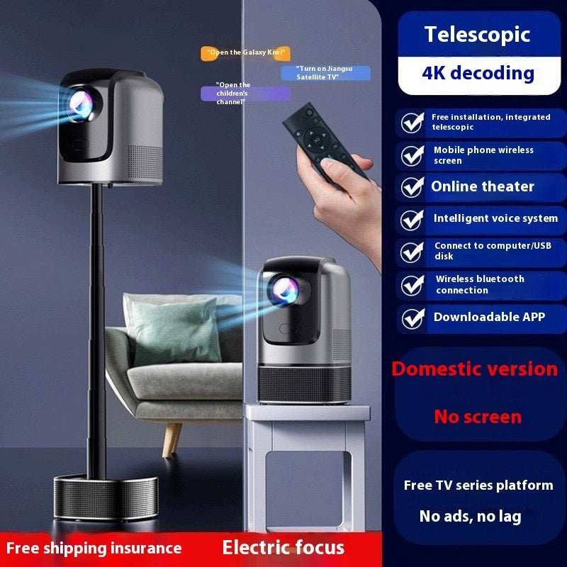 Portable projection smart phone with telescopic stand and 4K decoding, wireless connection, voice control, and app compatibility