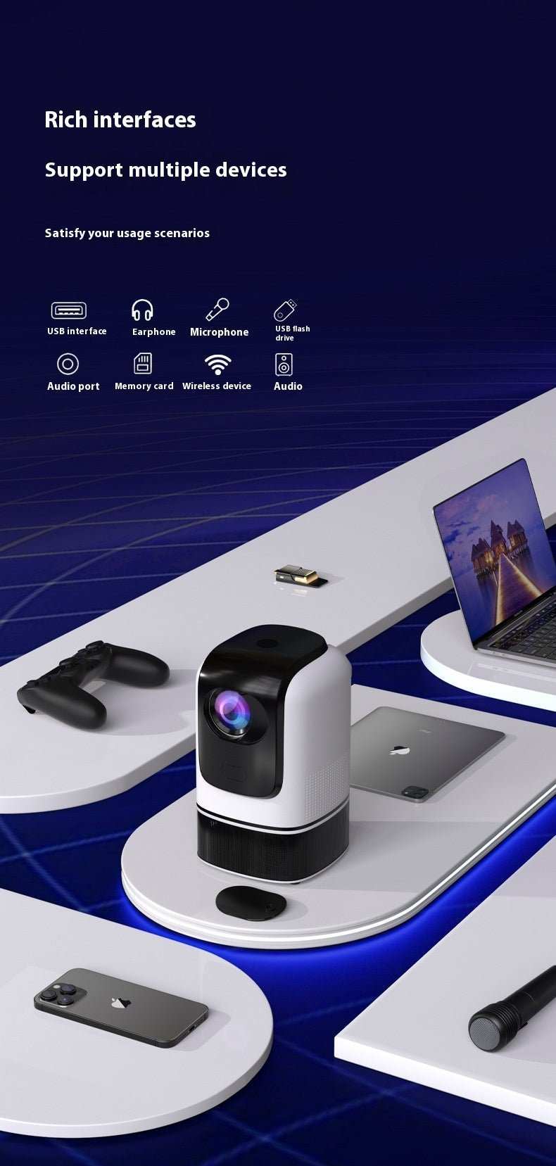 Portable miniature smart phone projector with 1080p resolution and multiple device support