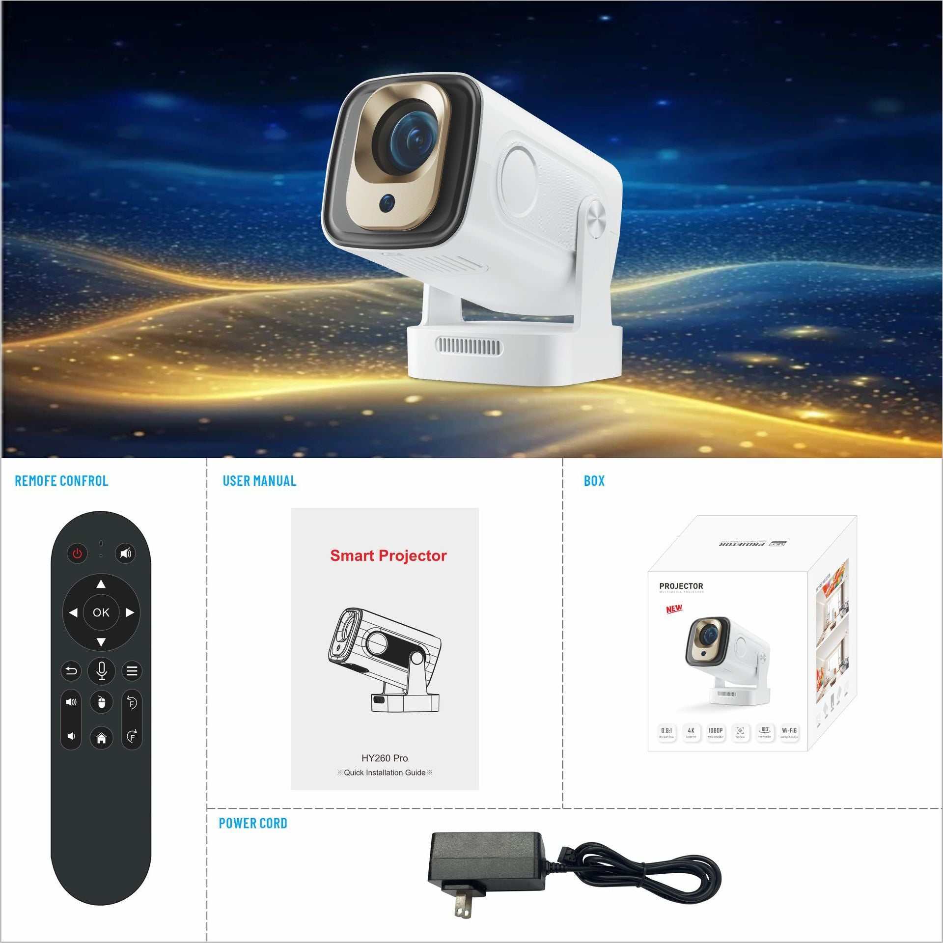1080p HD projector with remote control, user manual, power cord, and multi-standard plug support for clear and bright Full HD projection