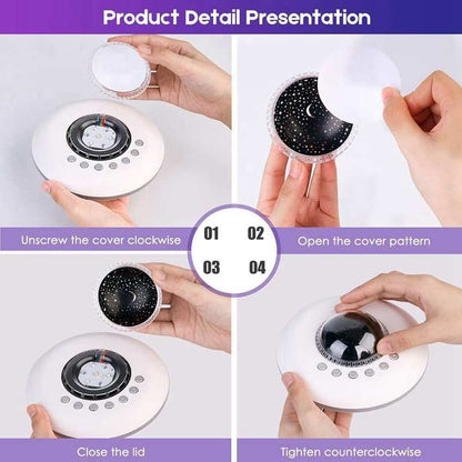 White sleep aid baby night light with 20 soothing sounds, earphone support, timer, and ambient light features