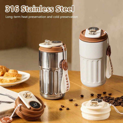 Smart Digital Thermal Bottle 450ml stainless steel with LED temperature display and leak-proof lid, keeps drinks hot for 12 hours and cold for 24 hours.