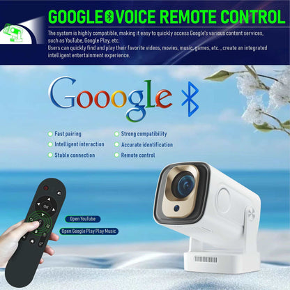 1080p HD projector with 180 lumens brightness, Google voice remote control, fast Bluetooth pairing, and multi-region plug support