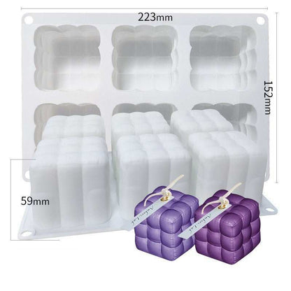 Silicone candle mold with six cube-shaped cavities, heat-resistant and food-grade material, easy to demold and clean, perfect for DIY candles.