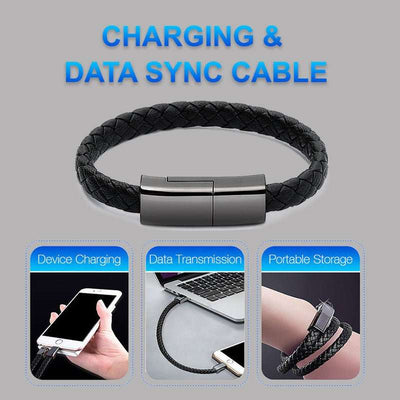 Black braided bracelet charger with magnetic clasp for device charging, data sync, and portable storage
