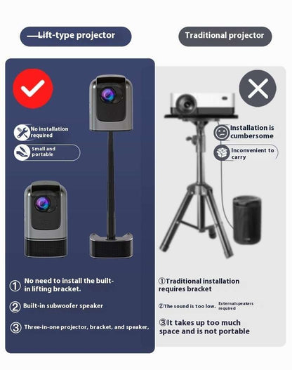 Portable miniature lift-type projection smart phone with built-in speaker, 1080p resolution, and 1200 lumens brightness