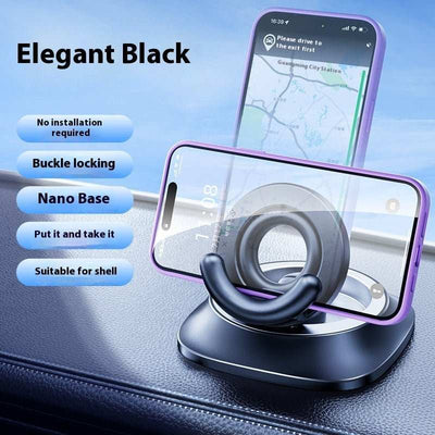 Magnetic car phone holder with elegant black design, nano base, and buckle locking, showing horizontal and vertical phone placement on car dashboard