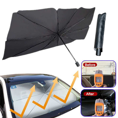 Opvouwbare auto zonnescherm in zwarte kleur gebruikt op voorruit tegen zonnewarmte met hittemeter voor en na gebruik.