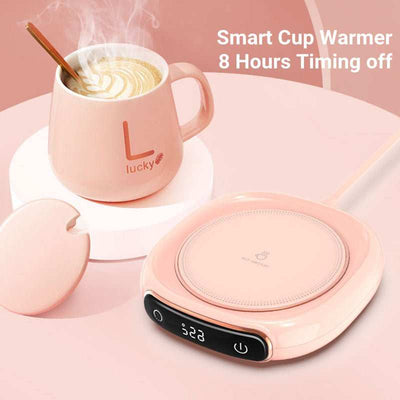Smart Coffee Warmer in pink with digital display and steaming coffee cup on a matching coaster